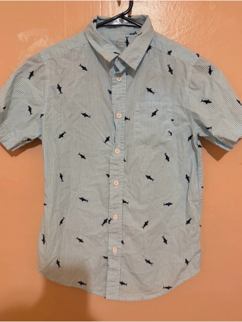 Boys Light Blue Short-Sleeve Button-Up Shirt with Shark Print